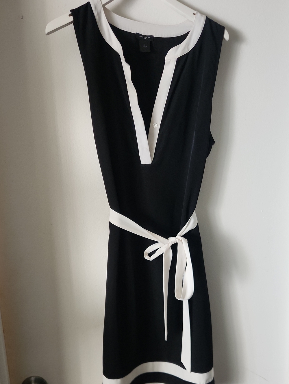 Ann Taylor Black Dress with Ivory Trim and Waist Tie